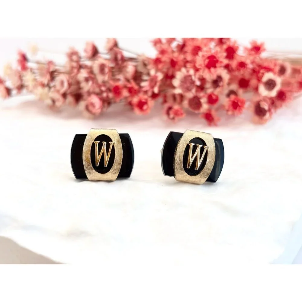 Swank Signed Black & Gold Toned W Emblem 80's Retro Square Vintage Cufflinks